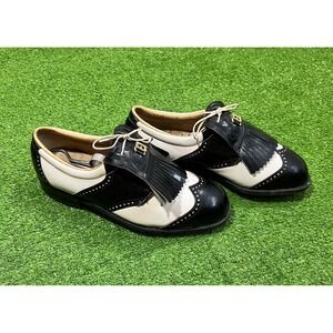 Vtg FootJoy Classics Patent Brogue Wingtip Kiltie Golf Shoes Men 8 White‎ Saddle